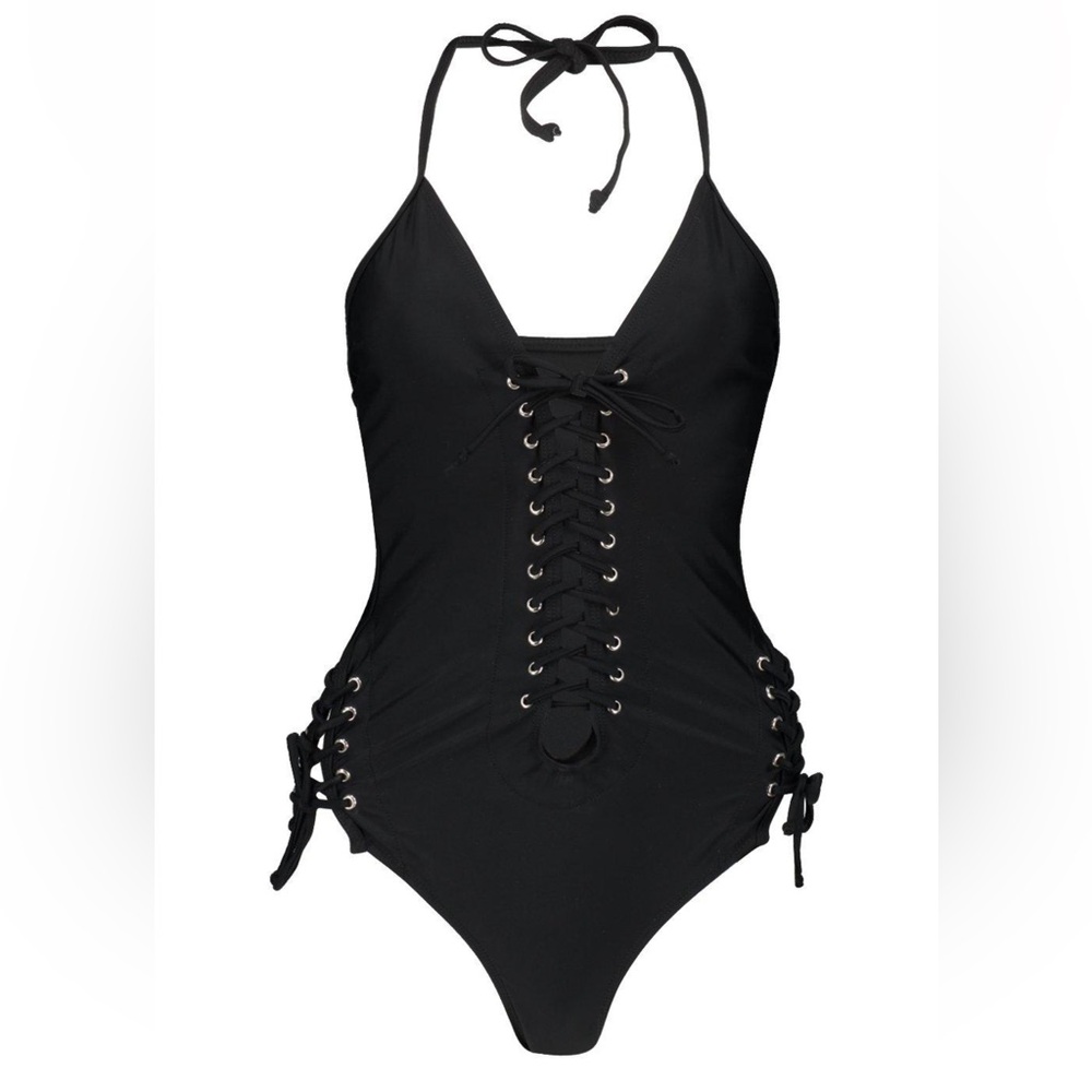 BOOHOO Chic Black Lace-Up One-Piece Swimsuit - Picture 4 of 5